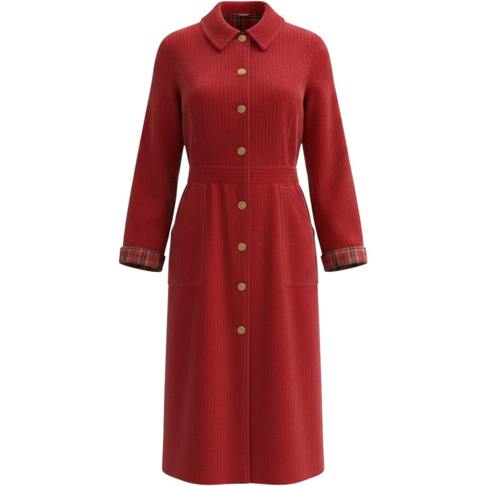Duck Head Womens Red Faux Suede Button Front Midi Dress Plaid Trim Size 16